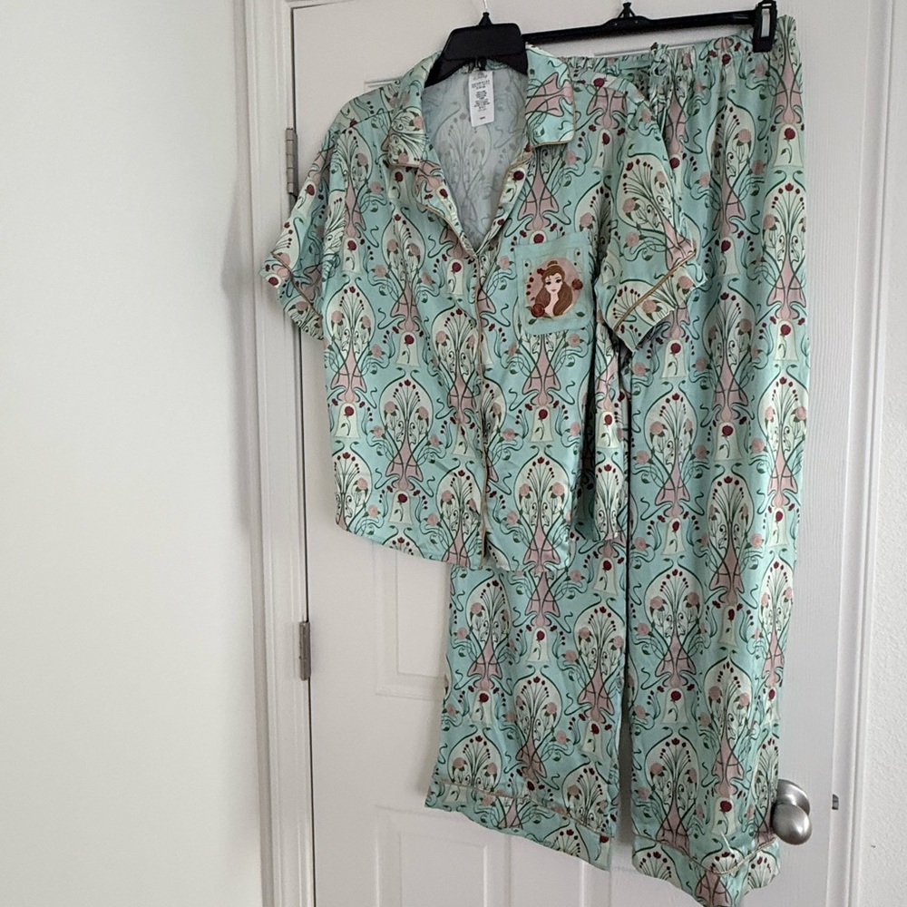 Disney Mint Green Floral Pajama Shirt with Belle patch - Picture 6 of 9